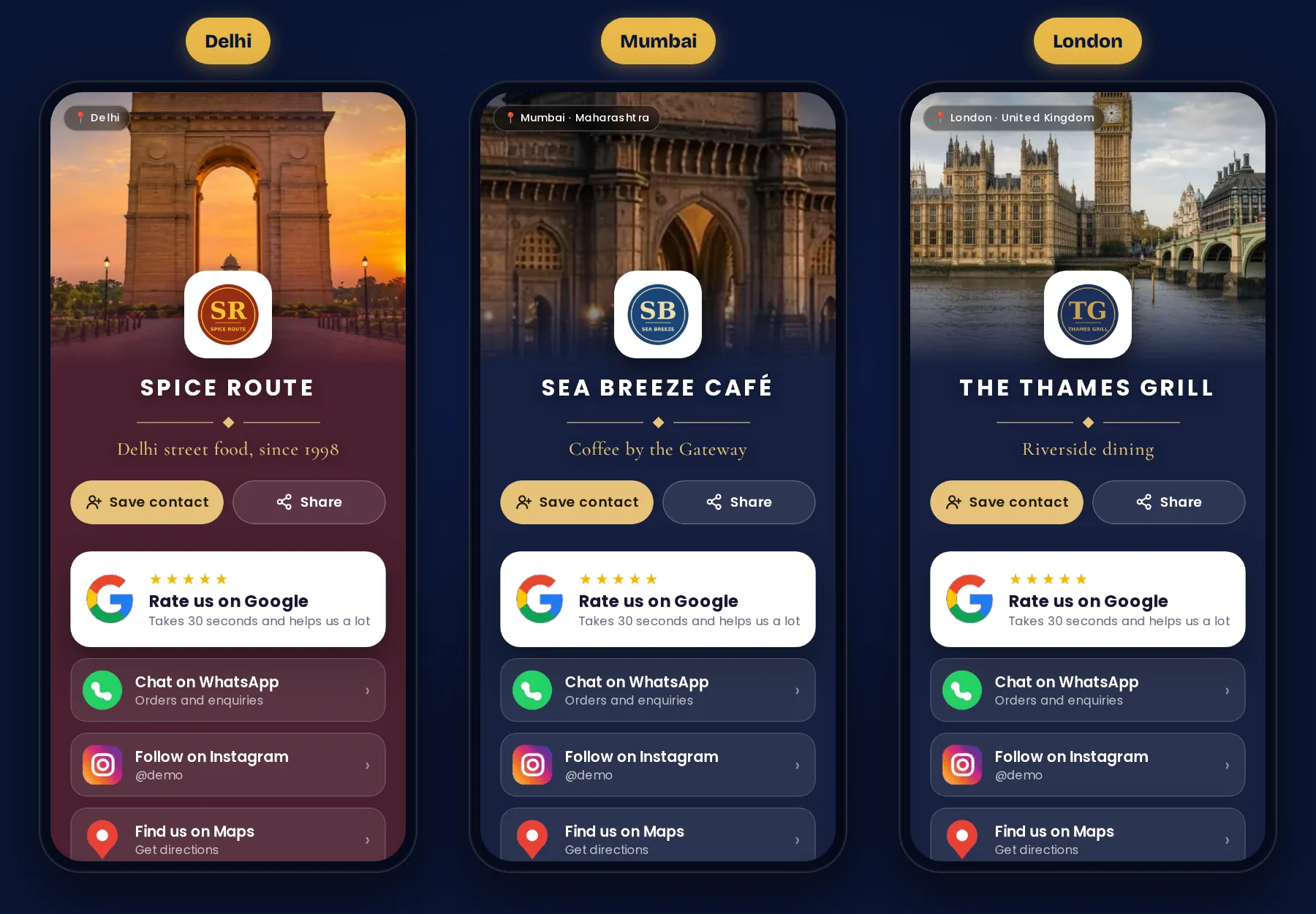 Three TapStar business card pages with city scenery at the top: India Gate for a Delhi restaurant, the Gateway of India for a Mumbai café, and Big Ben for a London grill, each with its logo, Save contact, Share and Rate us on Google