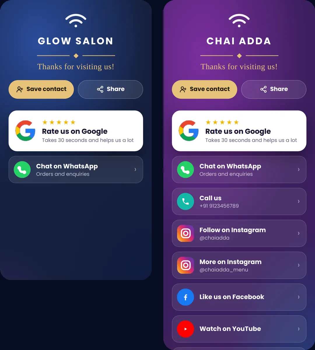 Two TapStar pages side by side: a salon page with only a Google review and WhatsApp button, and a café page with review, WhatsApp, call, two Instagram accounts, Facebook, YouTube, Maps, website and email