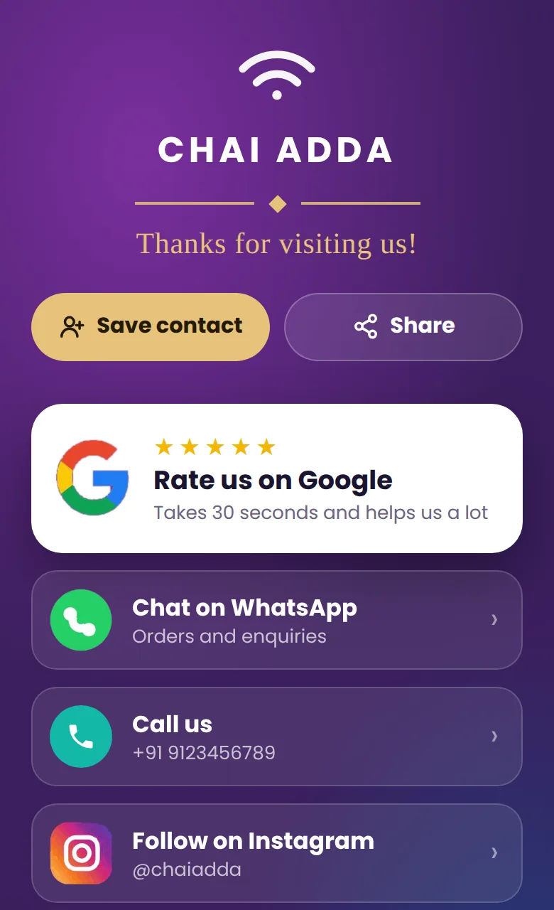 A TapStar business page with a gold Save contact button and a Share button above Rate us on Google, Chat on WhatsApp, Call us and Instagram