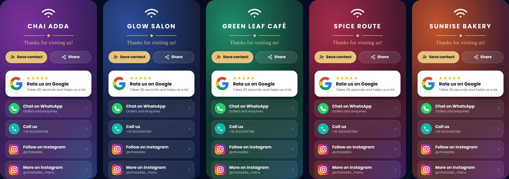 Five TapStar business pages in different colours: violet, midnight blue, emerald, crimson and sunset orange