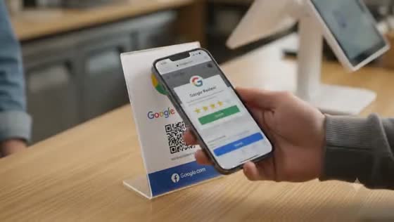 A customer tapping a phone on a TapStar review stand at a counter