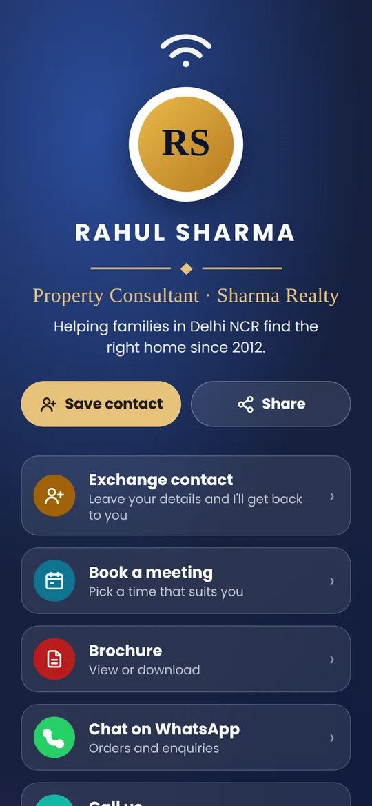 Sample Professional card page: round photo, Rahul Sharma, Property Consultant at Sharma Realty, a short bio, Save contact and Share, then Exchange contact, Book a meeting, Brochure, WhatsApp, Call, LinkedIn and Email buttons