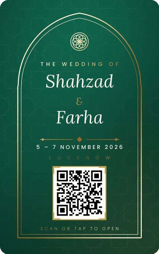Emerald and gold NFC wedding invitation card with a QR code: Scan or tap to open