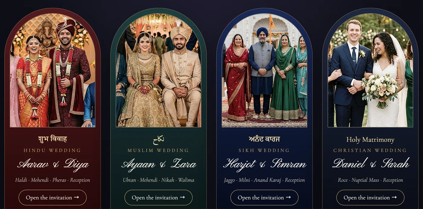 Four sample wedding invitations: Hindu wedding (Shubh Vivah) with Haldi, Mehendi, Pheras and Reception; Muslim wedding (Nikah) with Ubtan, Mehendi, Nikah and Walima; Sikh wedding (Anand Karaj) with Jaggo, Milni, Anand Karaj and Reception; Christian wedding (Holy Matrimony) with Roce, Nuptial Mass and Reception