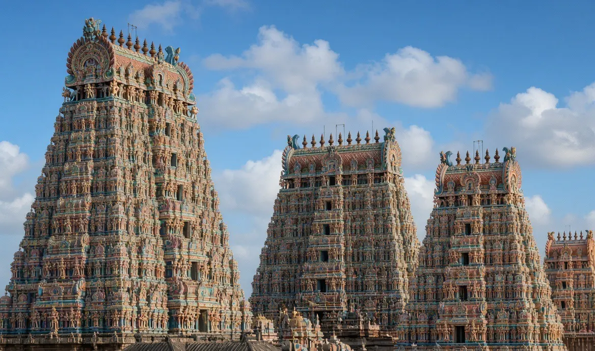 Meenakshi Temple, Madurai — available as the landmark scenery at the top of a TapStar business card page
